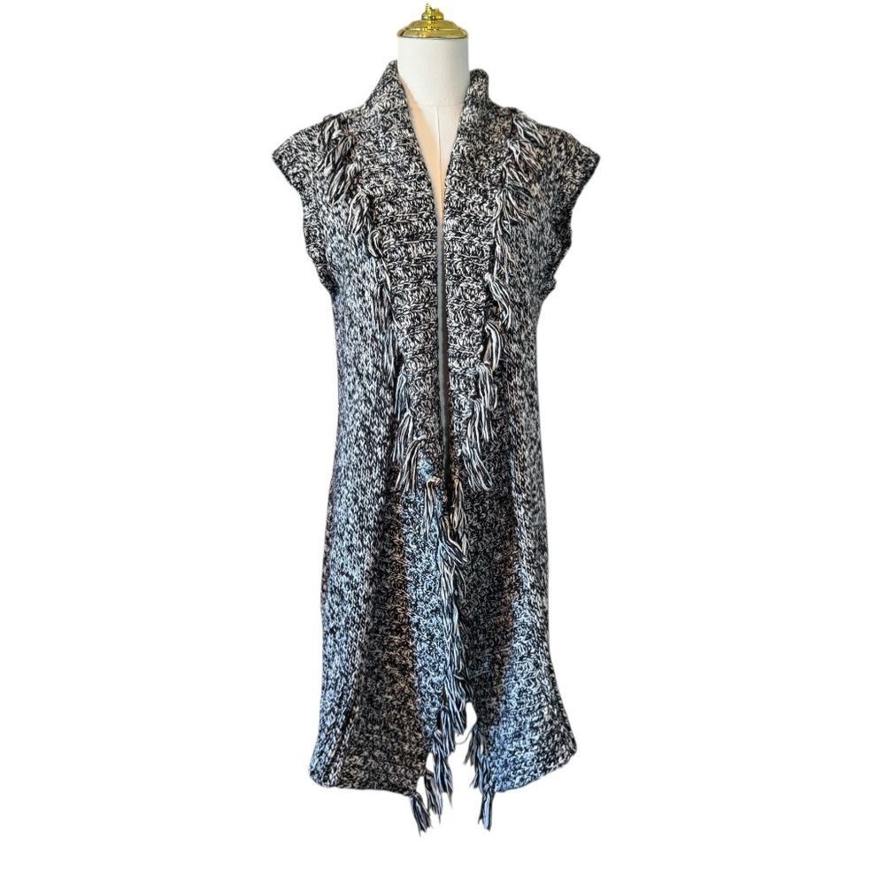 Chico's Black and White Knit Fringed Ling Cardigan 2 12 Large L